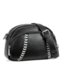 Black leather crossbody bag with unique baseball stitching, zipper closure, and adjustable strap. - Black