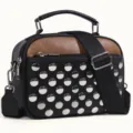 Black brown PU leather crossbody bag with metal studs, top handle and wide shoulder strap. - Rivet Style