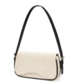 Woven straw shoulder bag for women, stylish beige handbag with black leather strap and trim. - Black