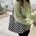 Sac cabas en toile a carreaux style coreen grande capacite sac a epaule decontracte - Sac Étiquette Plume / Damier Noir et Blanc