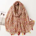 Floral print cotton linen scarf with colorful tassels, elegant vintage shawl for women. - Red Series 2