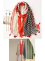 Detailed view of retro polka dot cotton linen shawl with tassels and ethnic print design. - Red Series 3