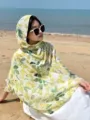 Detailed view of women green floral cotton linen beach shawl, summer sun protection scarf with tassels. - Fresh Series 11