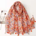 Cotton linen floral print tassel scarf detail, retro ethnic style spring autumn shawl accessory. - Red Series 5