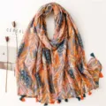 Detailed view of the vintage floral print cotton linen scarf featuring elegant tassels and soft - Red Series 8
