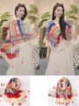 Detailed view of vintage grid printed cotton linen shawl scarf with colorful tassels. - Red Series 9