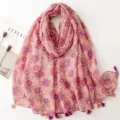 Floral print cotton linen scarf shawl with tassel fringe, vintage spring autumn warm wrap. - Red Series 10