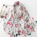 Detail view of cotton linen bohemian floral print tassel scarf, lightweight summer shawl. - Fresh Series 8