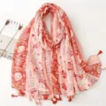 Detailed view of the vintage ethnic floral linen scarf shawl with tassel trim, soft fabric. - Red Series 12