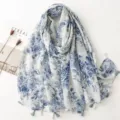Blue and white floral print cotton linen scarf with elegant tassels, perfect for summer. - Fresh Series 12