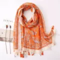 Vintage ethnic floral print cotton linen scarf shawl with elegant tassels in vibrant orange. - Red Series 15