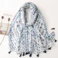 Blue and grey brushstroke patterned white tassel scarf, lightweight summer shawl for women. - Fresh Series 14
