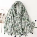 Green floral bohemian cotton linen scarf with tassels, perfect for summer sun protection. - Fresh Series 23