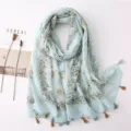 Light green cotton linen scarf, bohemian floral print, elegant tassel edge design detail. - Fresh Series 29