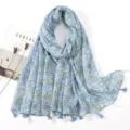 Light blue floral tassel cotton linen scarf detail, delicate print and elegant drape style. - Fresh Series 30