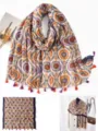 Retro ethnic floral print cotton linen scarf shawl for women detail view showing fabric pattern. - Red Series 28