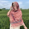 Ethnic floral cotton linen scarf shawl, vintage sun protection cape, stylish spring summer accessory - Red Series 39