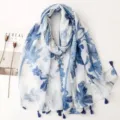 Blue and white floral print cotton linen tassel scarf, elegant summer sun protection shawl. - Fresh Series 15