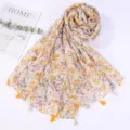 Floral print cotton linen scarf with tassel trim, elegant summer sun protection shawl. - Fresh Series 33