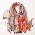 Floral print cotton linen scarf vintage ethnic tassel shawl lightweight spring summer women - Red Series 31