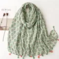 Green cotton linen bohemian floral tassel scarf lightweight summer daily travel shawl women - Fresh Series 34