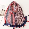 Cotton linen retro ethnic print scarf shawl, stylish polka dot striped design with tassels. - Red Series 32