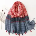 Vintage floral tassel scarf for women, bohemian ethnic style cotton blend shawl wrap for spring. - Red Series 33