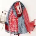 Vintage ethnic geometric print women scarf, cotton linen tassel shawl wrap blue red color - Red Series 34