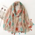Vintage ethnic floral print cotton linen scarf tassel shawl for women spring autumn sun protection - Red Series 35