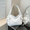 White PU leather shoulder bag, minimalist large capacity tote for daily commute and casual style. - White