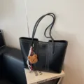Large black tote bag for women, vintage shoulder bag with cute bear pendant and stitching. - With Pendant / Black