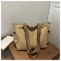 Μεγάλη τσάντα καμβά tote με καφέ λουριά, casual τσάντα χειρός με πολλές τσέπες για καθημερινή χρήση. - Στυλ 2 Χακί