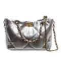 Damen metallisch silber gesteppte Umhängetasche große Kapazität Designer Stil Shopper Tasche - Silber