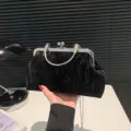 Black velvet clutch bag with rhinestone handle retro evening bag metal lock crossbody bag - Style 2 Black