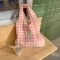 Pink fluffy check tote bag detailed view, soft plush shoulder bag casual aesthetic daily use. - Pink Plaid