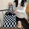 Sac cabas en tricot à carreaux noir et blanc, grand sac fourre-tout décontracté pour femmes - Carreaux Noirs