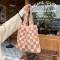 Sac cabas en tricot à carreaux rose et marron élégant sac à main décontracté hiver détail - Carreaux Kaki