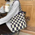 Sac cabas tricoté à motif damier automne hiver grande capacité sac bandoulière décontracté - À Carreaux Bleu Marine