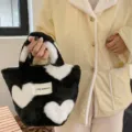 Japanese style plush handbag with black and white heart pattern, cute and fluffy bag. - Black Base