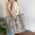 Sac cabas en toile à imprimé léopard rétro d'automne, grand sac à bandoulière décontracté - Grand / Blanc Cassé