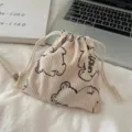 Sac de rangement mignon en velours côtelé ours petite pochette cordon organisateur cosmétique - Blanc Cassé