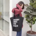 Sac cabas fourre-tout en toile noire décontracté style coréen avec lettres pour femmes. - Noir