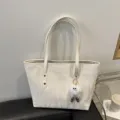 Women large capacity tote bag commuting casual shoulder bag with cute fluffy charm variant - With Pendant / Off White