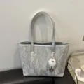 Silver crinkle tote bag for women, large capacity shoulder bag with cute plush charm. - With Pendant / Silver