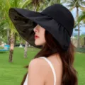Chapeau de soleil femme dessus vide large bord en colle noire d'été, chapeau de plage pliable. - Noir
