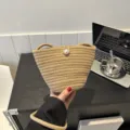 Bolso cubo de paja tejido para mujer bolso de hombro de playa de verano con perla elegante - Sin Colgante / Caqui