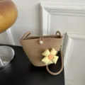 Woven straw bucket shoulder bag with cute yellow plaid flower and pearl button for summer beach. - With Charm / Khaki
