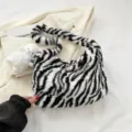 Black and white zebra print plush shoulder bag cute fluffy underarm handbag for women. - With Charm / Zebra Print