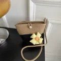 Woven bucket bag color block crossbody shoulder bag stylish beach bag commute style - With Charm / Khaki and Black