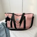 Large capacity pink canvas travel tote bag with black shoulder strap and cute monkey charm. - Sweet Pink With Pendant